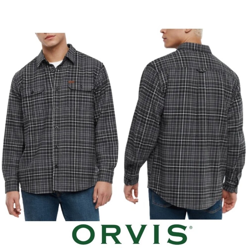 NWT Orvis Men’s Flannel Plaid 100% Cotton Shirt, Grey
